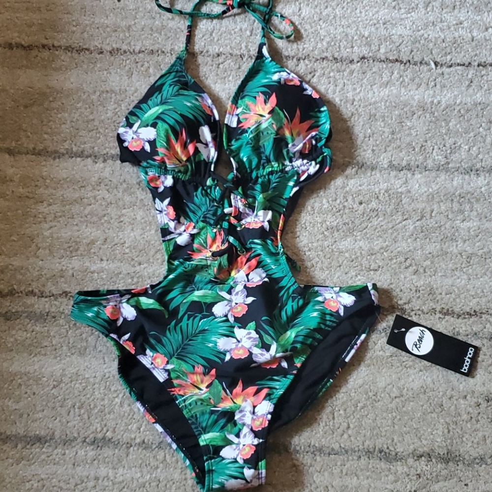 Tropical Flower Lace Up Cut Out Swimsuit